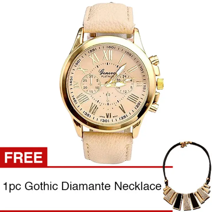 Geneva Jam Tangan Wanita Leather Watch - Beige + Gratis 1pc Gothic Diamante Women Necklace
