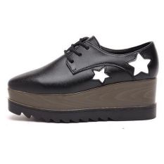 Kulit Asli Wanita Wedges Heels Pompa Womens Wanita Fashion Star Square Toe Platform Sepatu (Hitam)