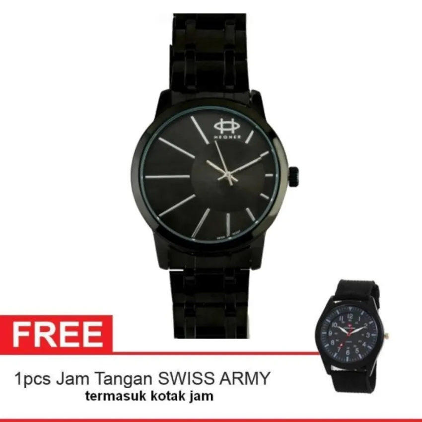 Harga hegner man watch jam tangan pria hitam strap stainless steel 1044mbl gratis jam tangan swiss