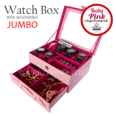 Jogja Craft - Watch Box Mix Jewelry / Kotak Tempat Jam Tangan Isi 6 dan Perhiasan Susun (Pink)