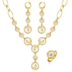 Wanita Mewah Cubic Ziroia Perhiasan Set 18 K Emas Berlapis Fashion Round Berbentuk Kalung & Anting-Anting & Ring Hadiah NB60084
