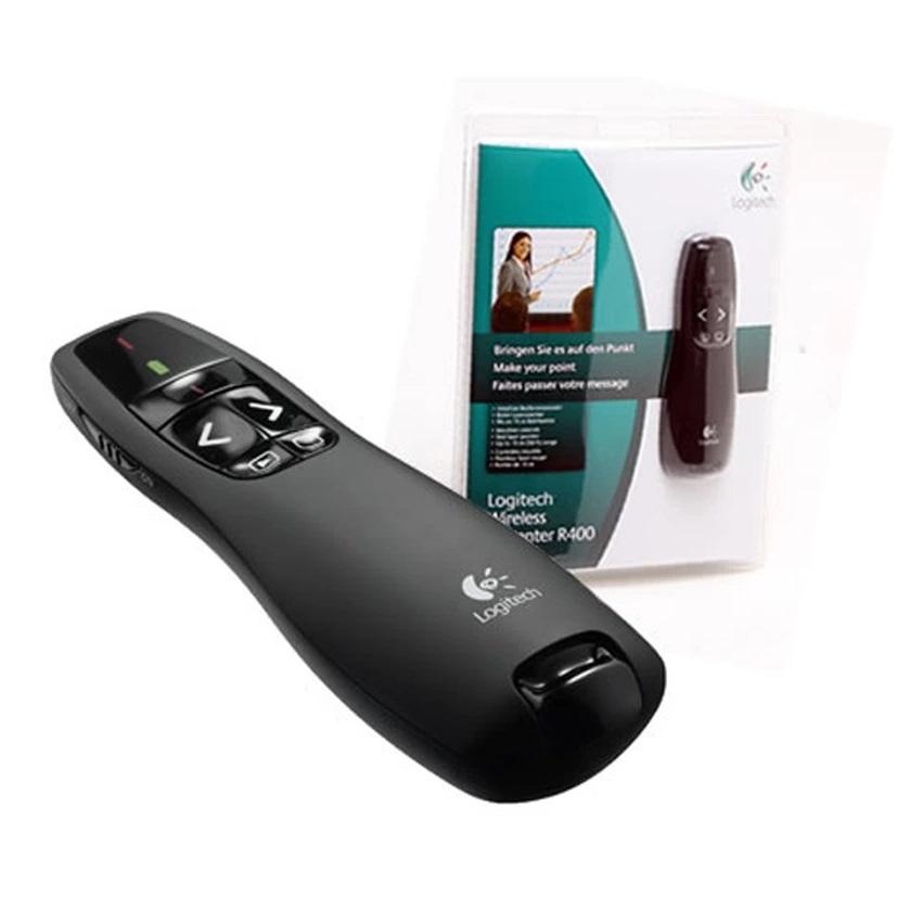 Logitech R400 Premium Wireless Presenter 2.4 GHz Pointer Red Laser Merah Receiver Remote Control Nirkabel Jarak Jauh 15 Meter Presentasi Power Point Presentation PPT for Windows Mac OEM