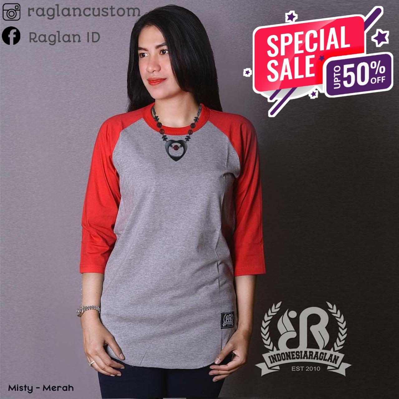 KAOS RAGLAN IDR INDONESIA RAGLAN MISTY - MERAH COMBED 30S DEWASA DAN ANAK BASIC TANGAN 3/4 DAN PANJANG