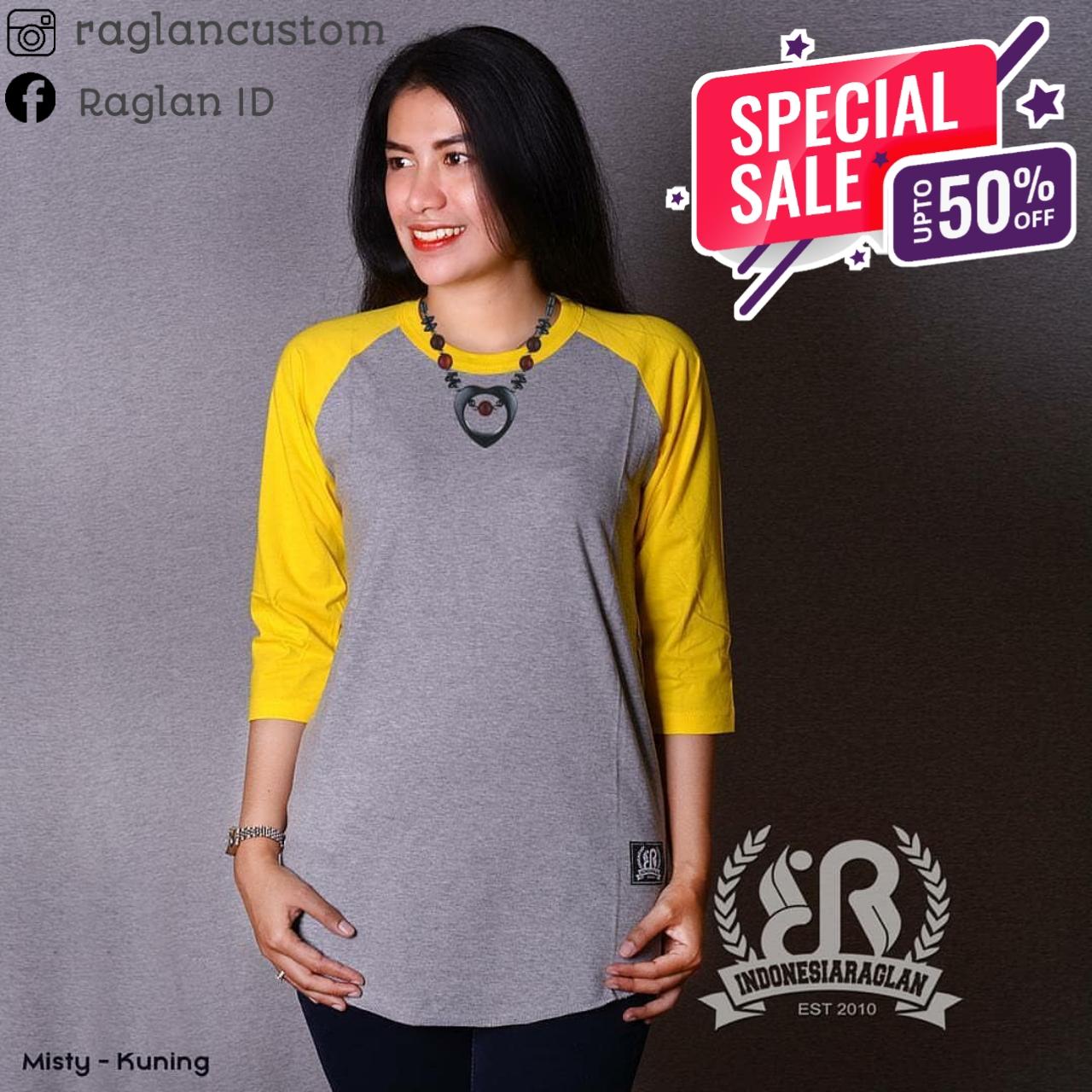 KAOS RAGLAN IDR INDONESIA RAGLAN MISTY - KUNING COMBED 30S DEWASA DAN ANAK BASIC TANGAN 3/4 DAN PANJANG