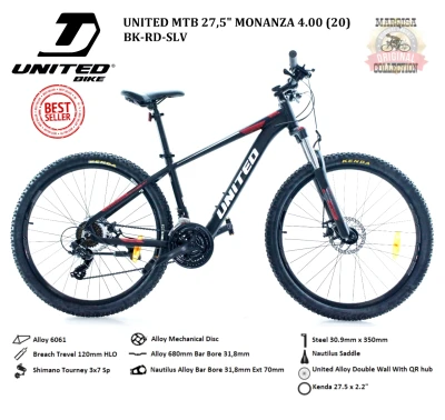 Sepeda Gunung 27.5 MTB United Monanza 4.0 Alloy 3x7 Speed Shimano Cakram Disc Mekanik Promo Bonus Terbaru