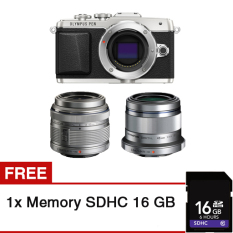Olympus PEN E-PL7 Kit Lens 14-42mm II R Lens 45mm F1.8 Kamera Mirrorless - Silver + Gratis Memory SDHC 16GB