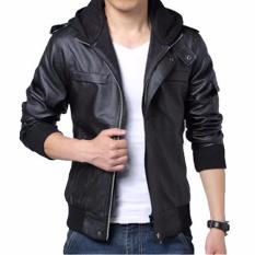 Sidnanes Jaket Semi Kulit Pria Hoodie Fleece [Hitam]