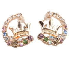 Sworld Sepasang Crystal Inlaid Bulan Sabit Berbentuk Anting dengan Mahkota Emas
