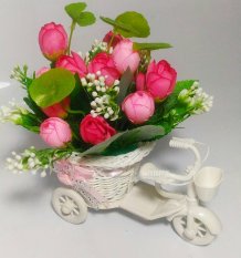 Tanaman Rangkaian Bucket Buket Bunga Mawar Pohon Plastik Artificial Artifisial Sintetis Pot Vas Rotan Hiasan - Sepeda Pink