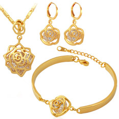U7 Top Quality Cubic Zirconia Perhiasan Set Wanita 18 K Gold Plated Romantic Rose Kalung/Anting/Gelang Set (emas)