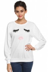 UJS Bulu Mata Lip Print Lengan Panjang T-shirt Tops S-XL (Putih)