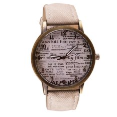 Vintage Bahasa Inggris Newspaper Pola Wanita Pria Casual Watch Denim Canvas Strap Watch Retro Jam Tangan Putih
