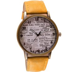 Vintage Bahasa Inggris Newspaper Pola Wanita Pria Casual Watch Denim Canvas Strap Watch Retro Jam Tangan Kuning