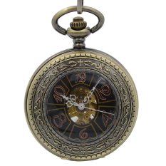 Vintage Magnifier Case Arabic Black Dial Arabic Number Hand Wind Mechanical Men's Pocket Watch 17 Jewels w/Chain