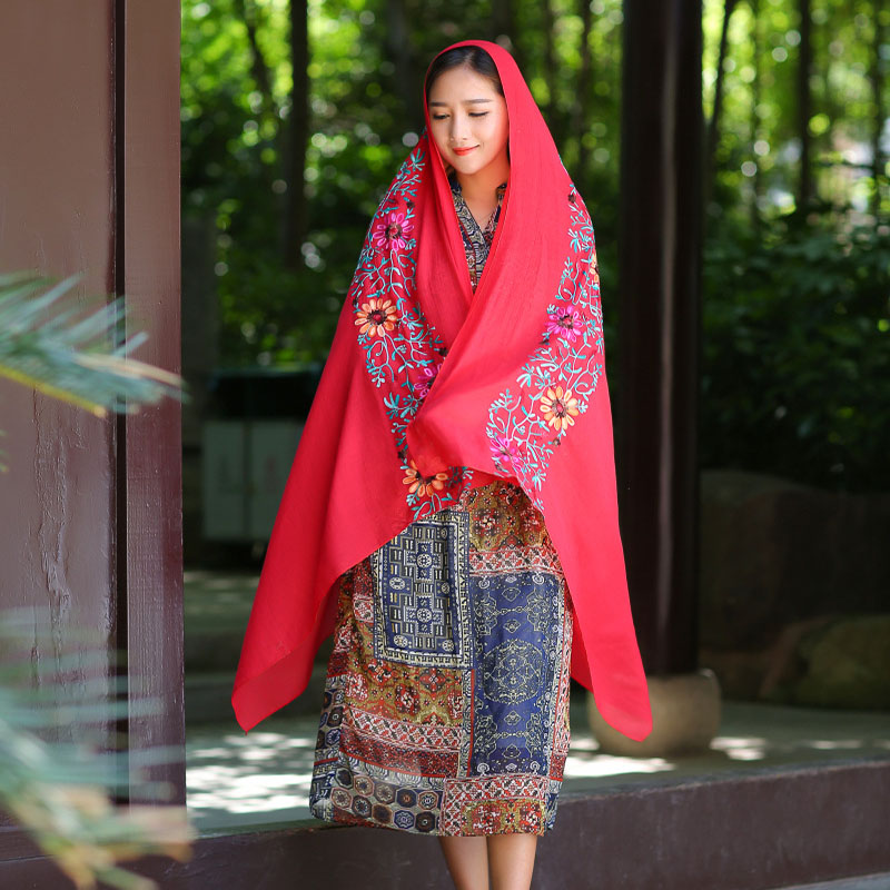 Wanita Bordir Bunga Jilbab Syal Selimut Besar Ethnic Red Syal Bungkus Scarf Pashmina Foulard Selendang dan Syal Cachecol Merah