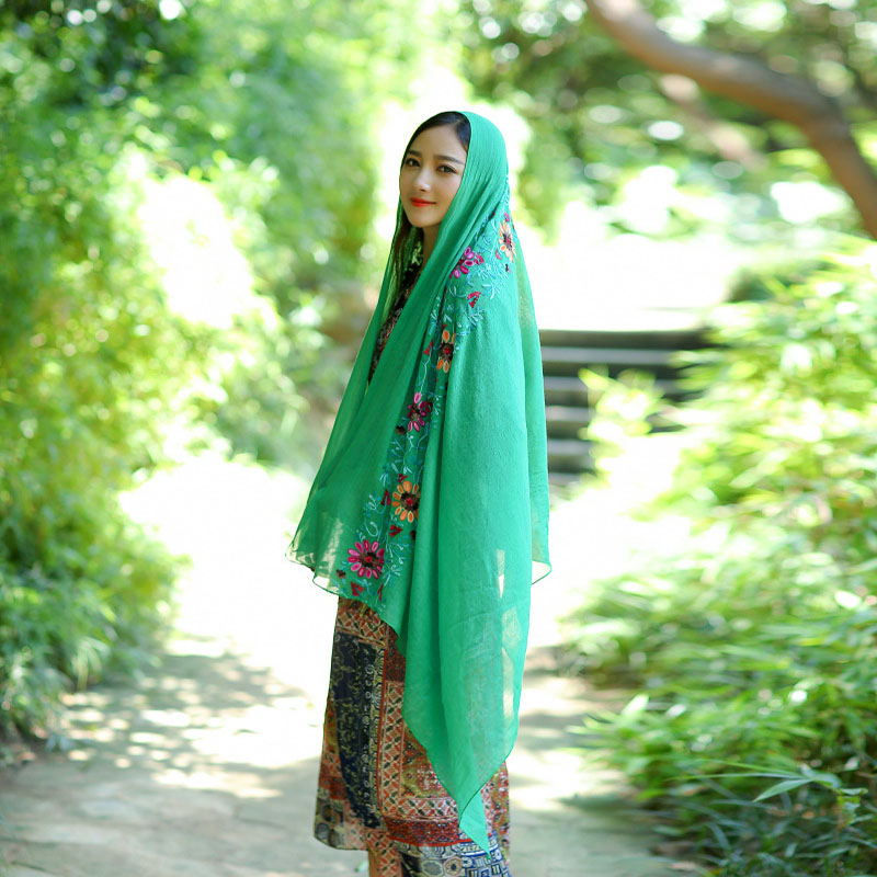 Wanita Bordir Bunga Jilbab Syal Besar Headband Selimut Cachecol Syal Bungkus Scarf Pashmina Foulard Selendang dan Syal Hijau