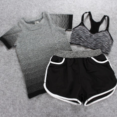 Yoga Pakaian Baju Olahraga 3 Pcs Olahraga dan Kebugaran Yoga Pakaian Setelan Jas Tiga Potong Wanita Jogging Outdoor Kecepatan Pengeringan Wicking Shorts (Hitam atau Abu-abu) -Intl