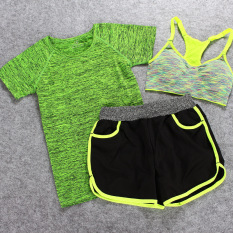 Yoga Pakaian Baju Olahraga 3 Pcs Olahraga dan Kebugaran Yoga Pakaian Setelan Jas Tiga Potong Wanita Jogging Outdoor Kecepatan Pengeringan Wicking Shorts (Hijau)