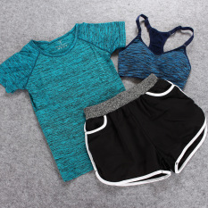 Yoga Pakaian Baju Olahraga 3 Pcs Olahraga dan Kebugaran Yoga Pakaian Setelan Jas Tiga Potong Wanita Jogging Outdoor Kecepatan Pengeringan Wicking Shorts (Danau Biru) -Intl