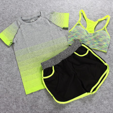 Yoga Pakaian Baju Olahraga 3 Pcs Olahraga dan Kebugaran Yoga Pakaian Setelan Jas Tiga Potong Wanita Jogging Outdoor Kecepatan Pengeringan Wicking Shorts (Kuning atau Grey) -Intl