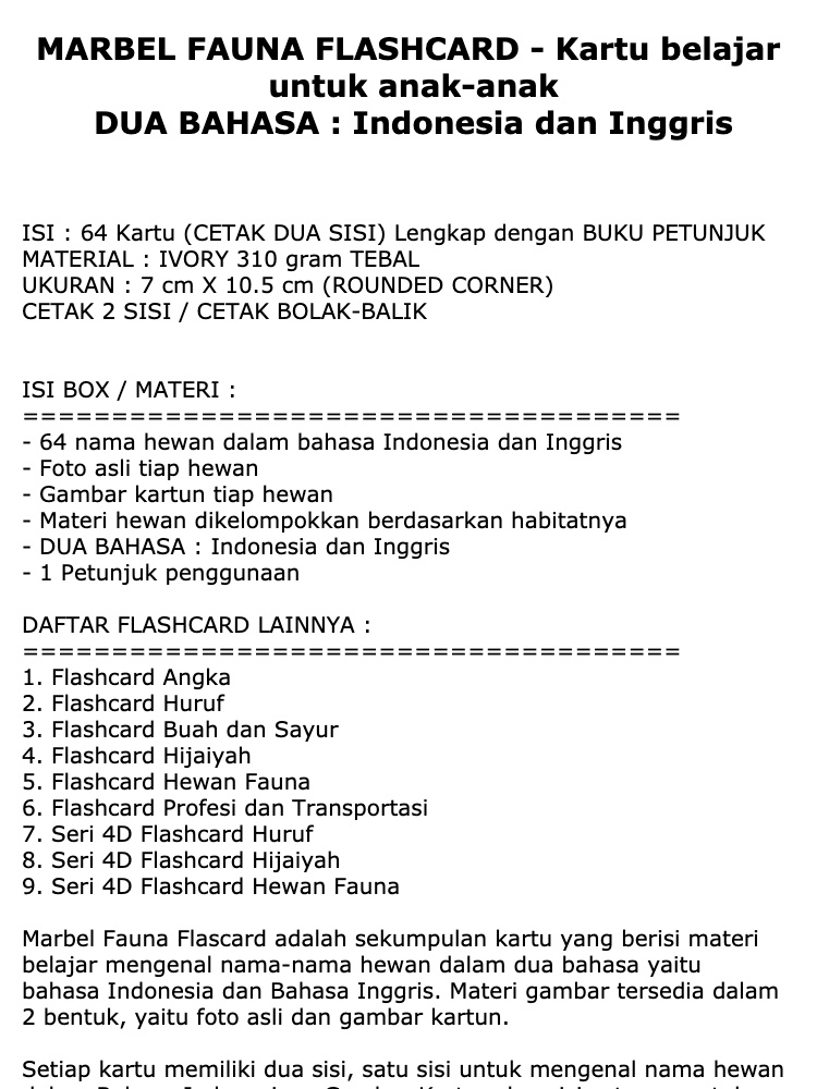 Marbel Flashcard Fauna Belajar Nama Hewan Bahasa Inggris