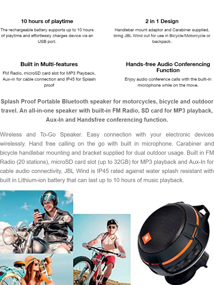 jbl wind bike portable bluetooth speaker with fm radio and supports a micro sd card