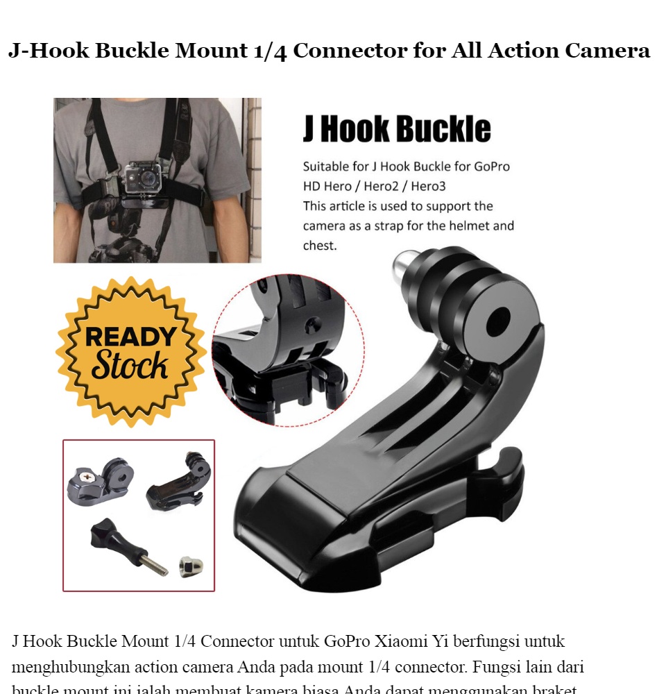 J-Hook Buckle Mount 1/4 Connector for GoPro Xiaomi Yi Kamera Aksi