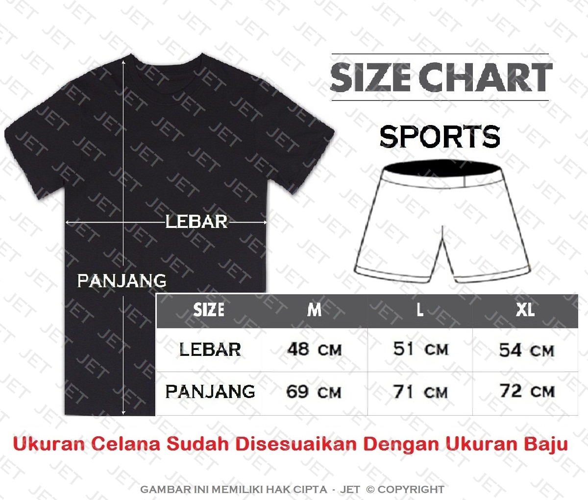 Jet Sports Stelan Kaos Celana  Olahraga M L Xl Dri Fit 