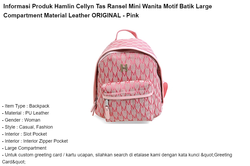 Jual Hamlin Cellyn Tas Ransel Mini Wanita Motif Batik Large