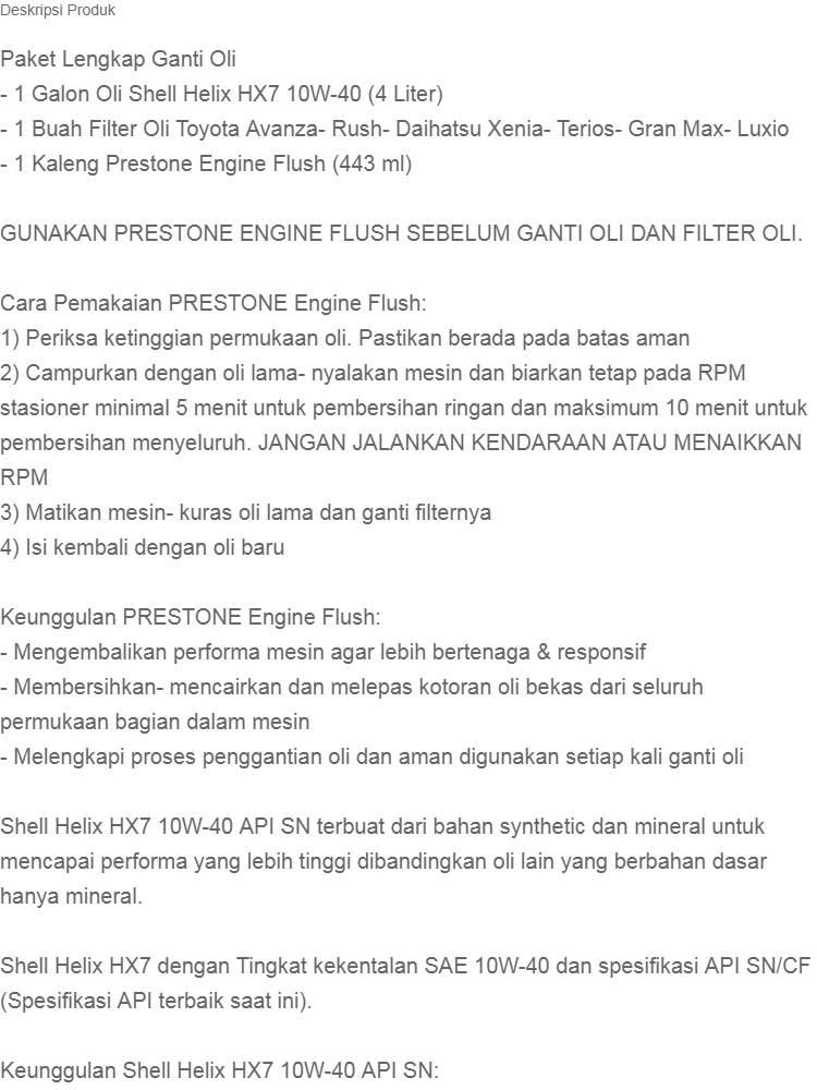 Paket Ganti Oli Shell Helix HX7 10W 40 API SN 4 LITER Filter Prestone Engine Flush DAIHATSU GRAN MAX LUXIO ORIGINAL