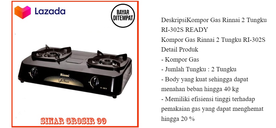Rinnai RI 302S Kompor Gas 2 Tungku Sun Burner Ukuran Mini | Lazada Indonesia