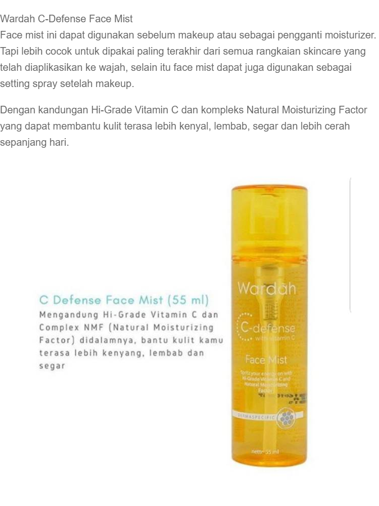 Wardah C Defense Face Mist 55ml Lazada Indonesia Produk wardah mengandung bahan baku yang aman dan halal, diciptakan untuk kenyamanan dan ketenangan wanita yang meggunakannya. wardah c defense face mist 55ml