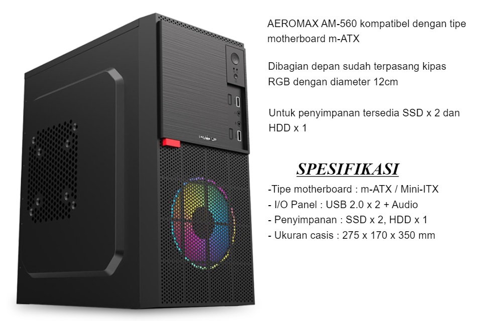 Casing PC Power Up AEROMAX AM-560 with PSU 500W Aero 225 Free