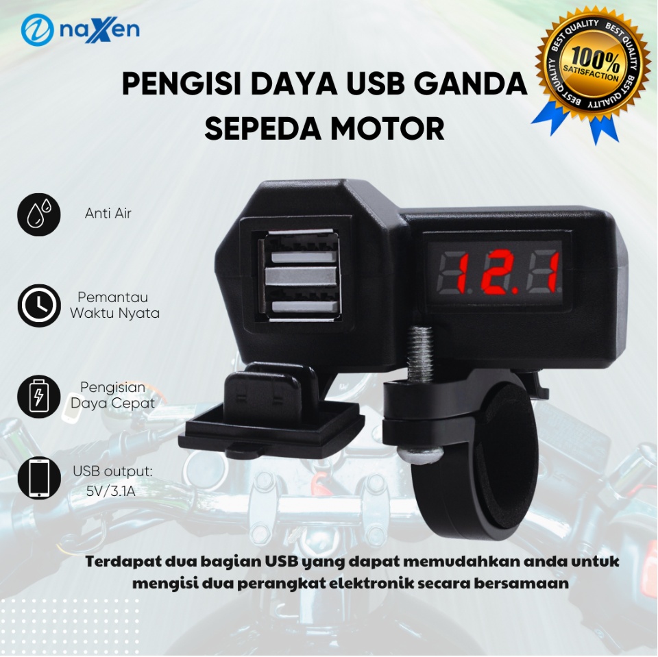 Charger USB Motor LED Display untuk Hp Pasang di Stang Jepit Spion