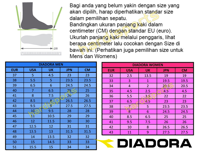 size chart sepatu diadora