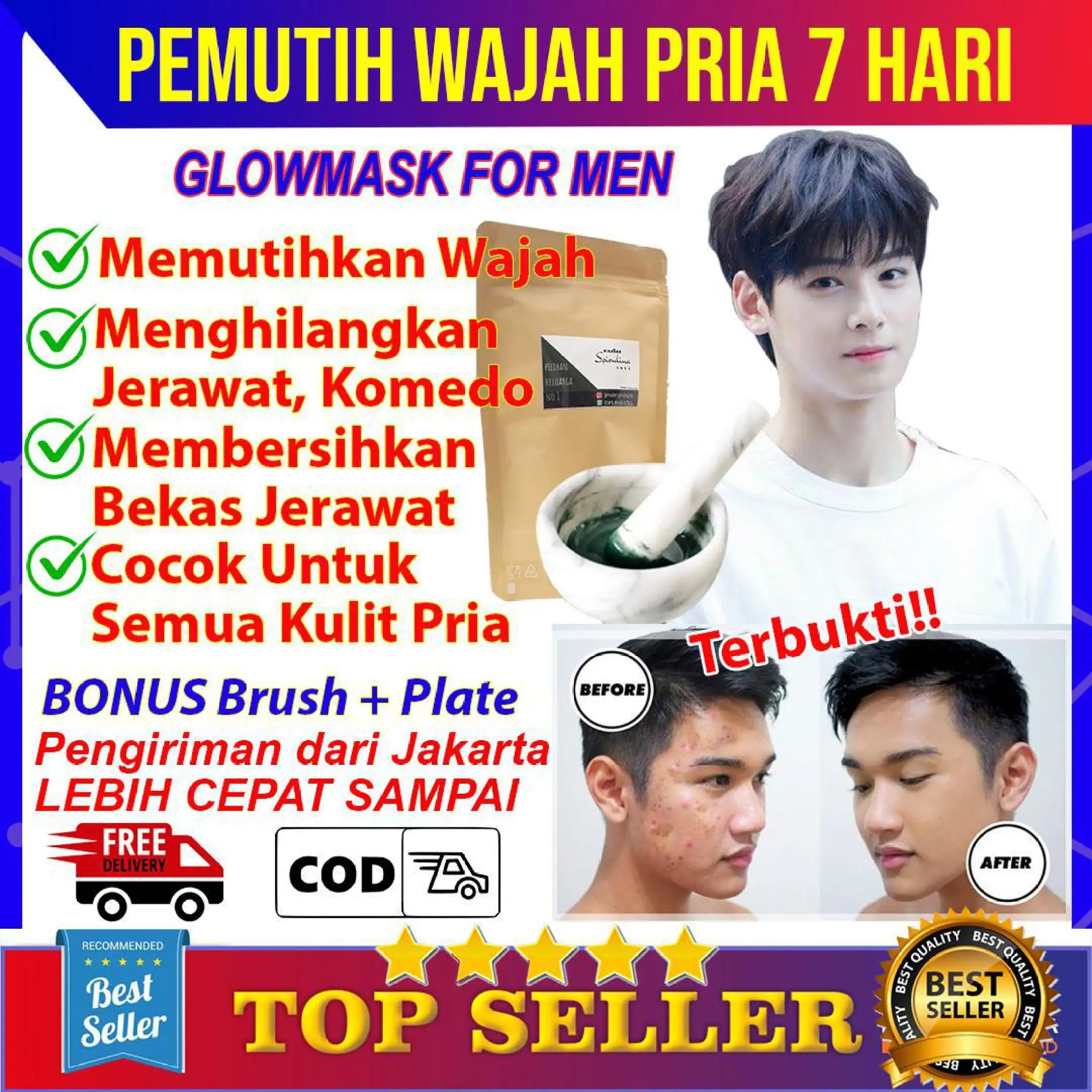 Terlaris Glow Mask Pemutih Wajah Pria Paket 7 Hari Ampuh Pembersih Jerawat Komedo Obat Ganteng Wajah Pria Perawatan Muka Cowok Lazada Indonesia