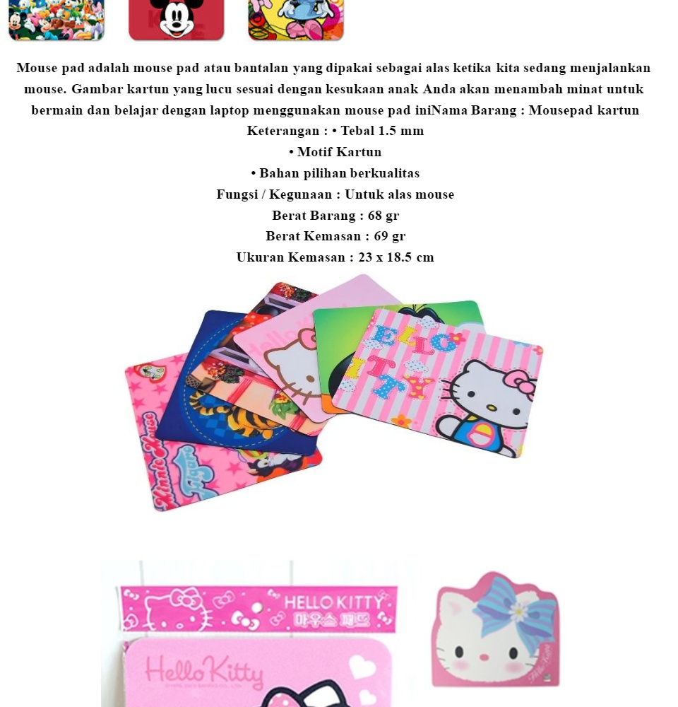 MOUSE PAD KARAKTER GAMBAR KARTUN DISNEY HELLO KITTY MICKEY MOUSE MOUSEPAD MOTIF LUCU UNIK ALAS BANTALAN MOUSE